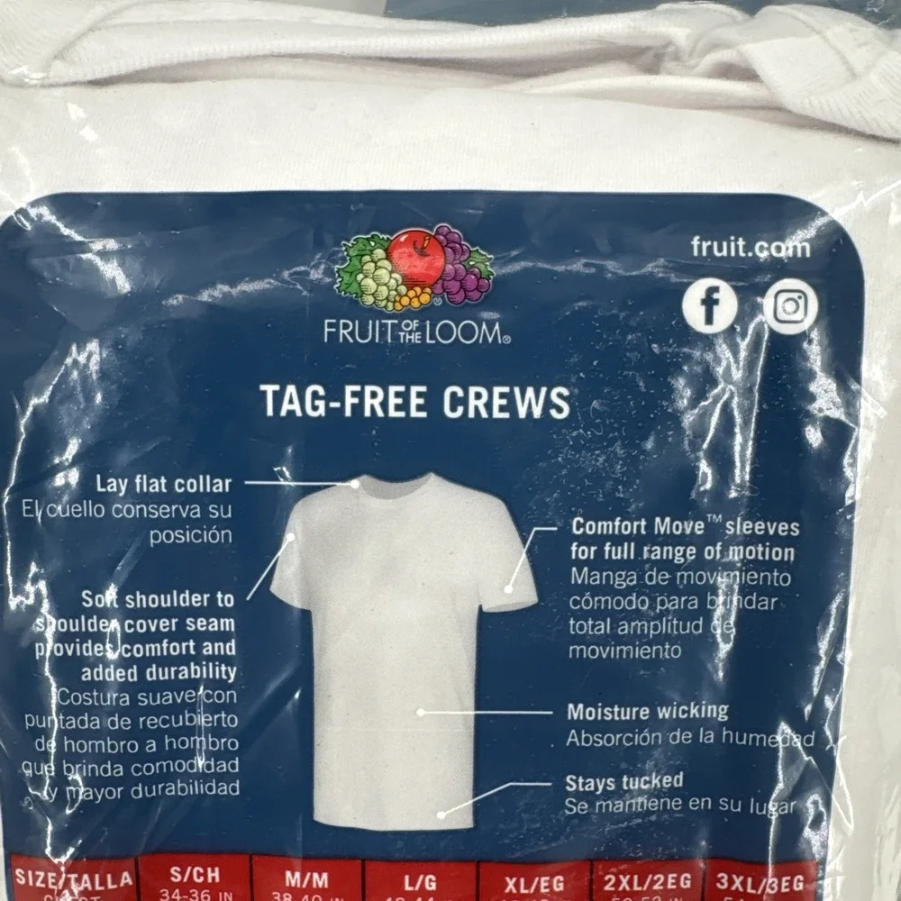Fruit Of The Loom Big Men's Tagless Cotton Crew Neck‎ Tee T-Shirts XL 46-48 In